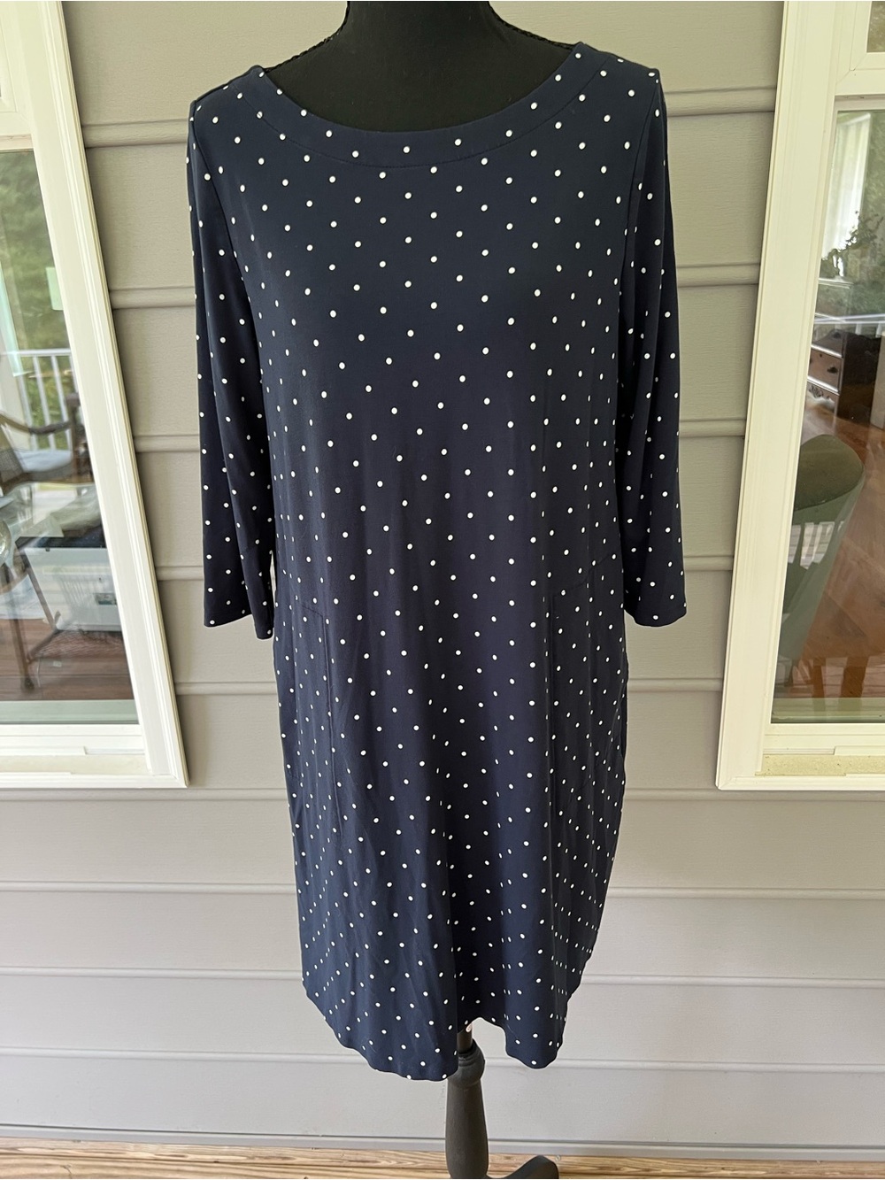 J. Jill Wearever Knit Shift Dress 3/4 Sleeves Navy White Polka Dots Boat Neck SP
